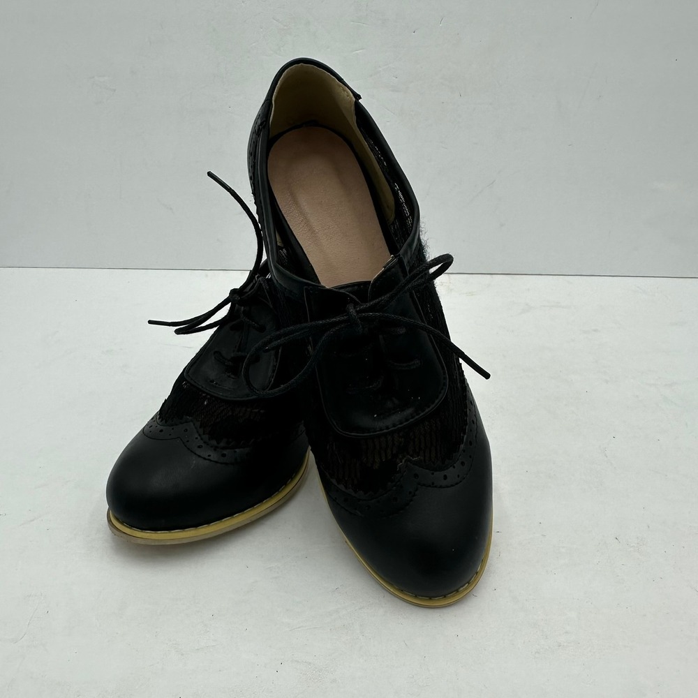 Black Lace Wingtip Oxford Block Heels Womens Size 7.5 EU 38 Brogue Lace-Up Shoes